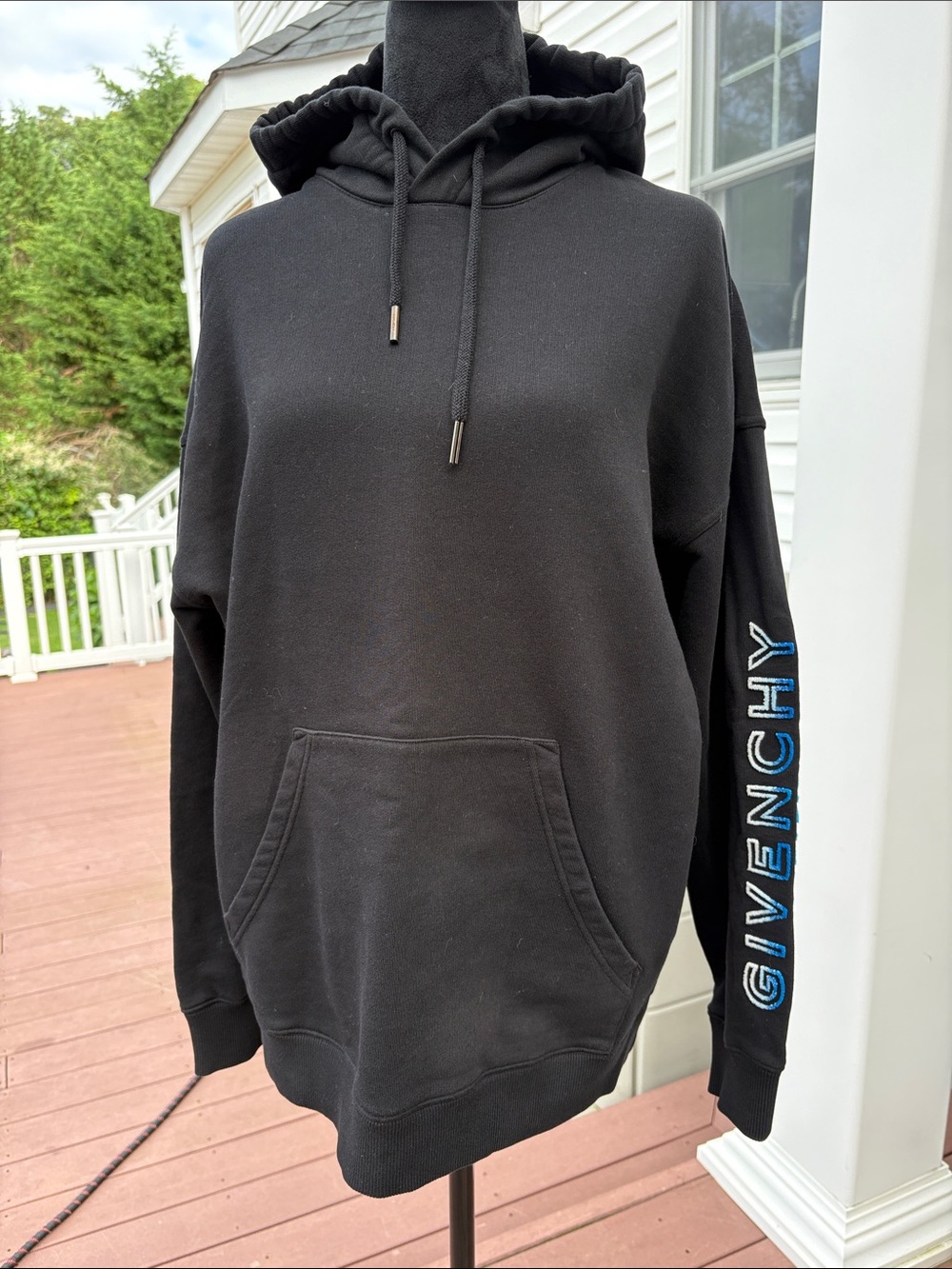 Givenchy Black Hoodie with Blue Logo Sleeve Unisex Medium